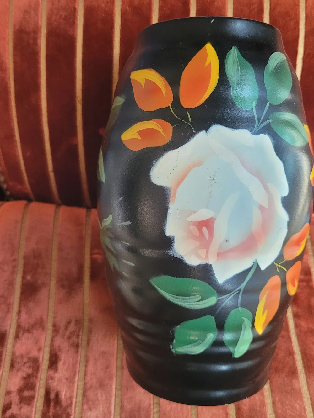 Vintage Black Floral Ceramic Vase with White Rose and Orange Buds